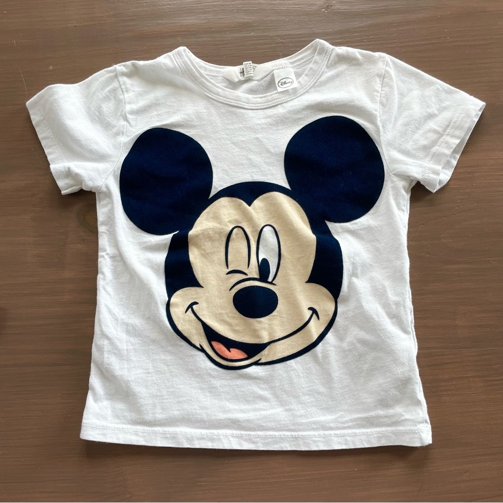 H&M Disney Mickey Mouse Cotton T-Shirt with Navy Blue Flocking Size 2-4Y